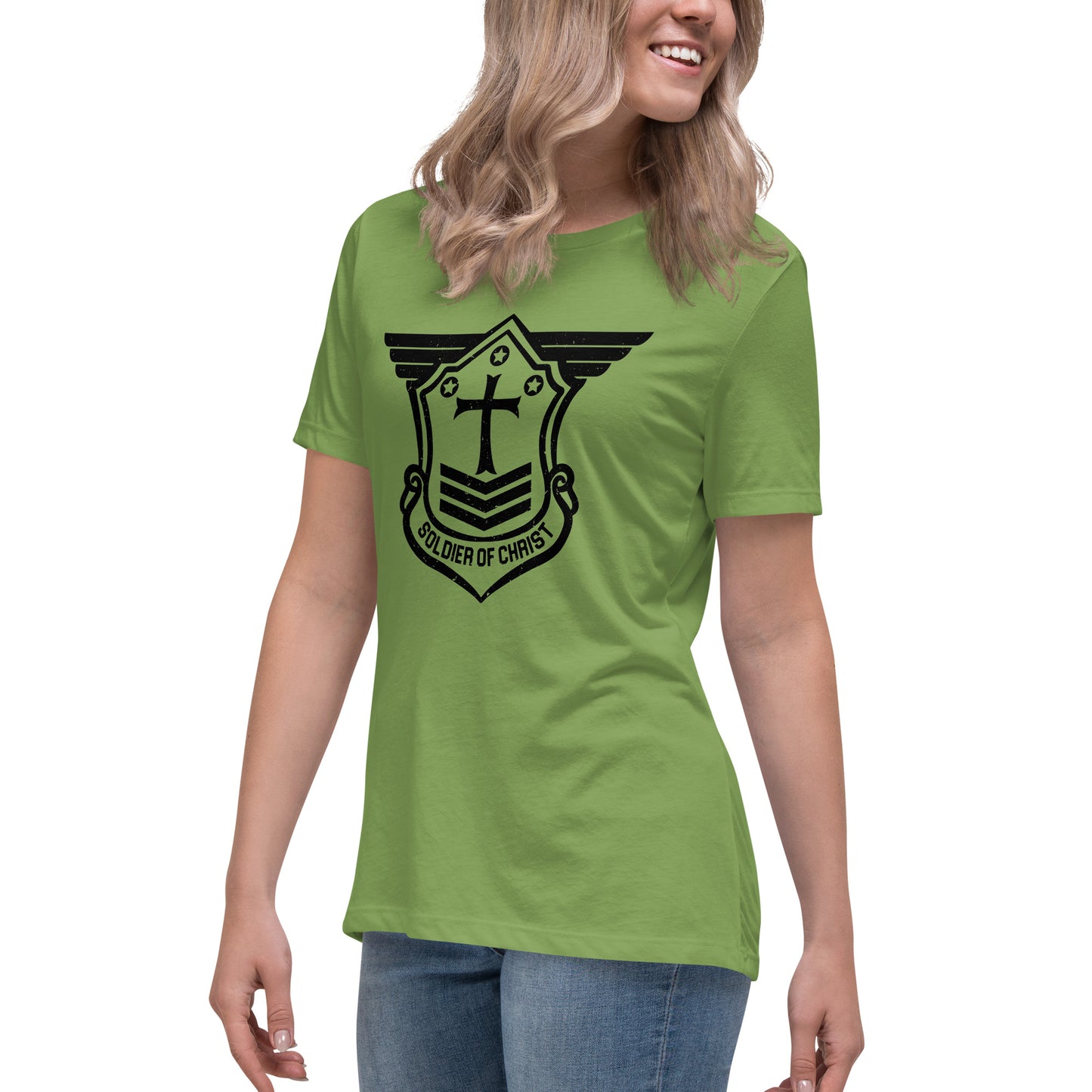 Women's Relaxed T-Shirt with Black Soldier of Christ Emblem Front