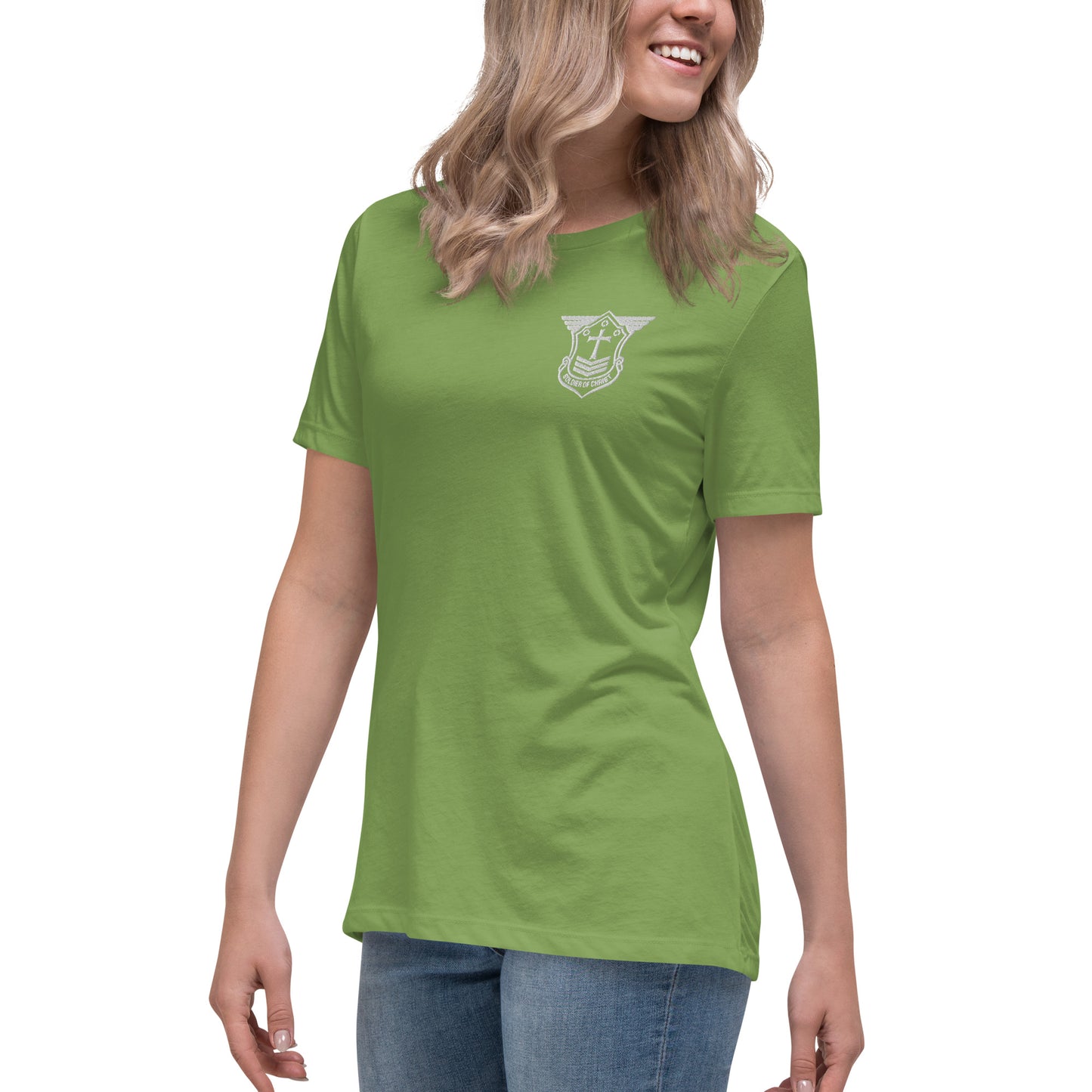 Women's Relaxed T-Shirt with White Embroidered Soldier of Christ Emblem