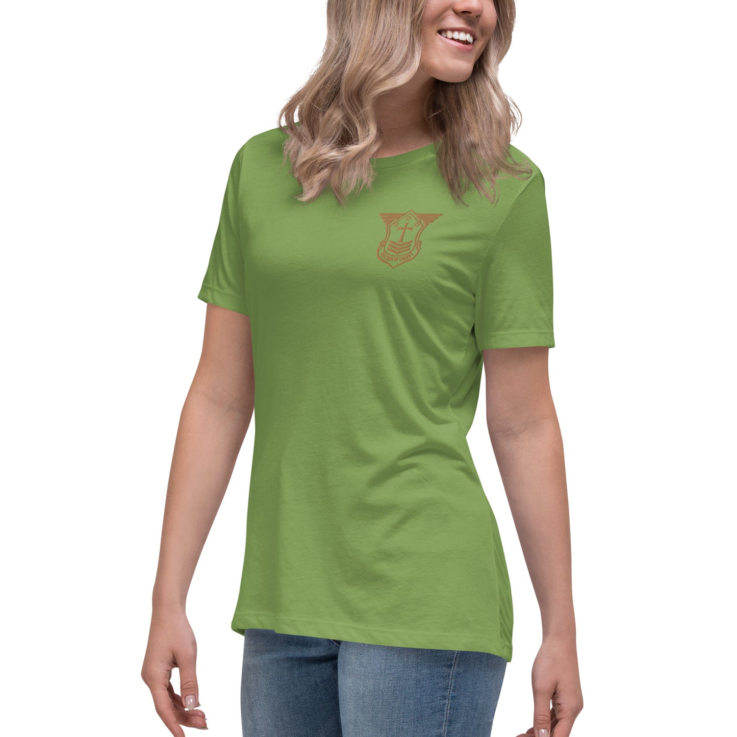 Women's Relaxed T-Shirt with Old Gold Embroidered Soldier of Christ Emblem