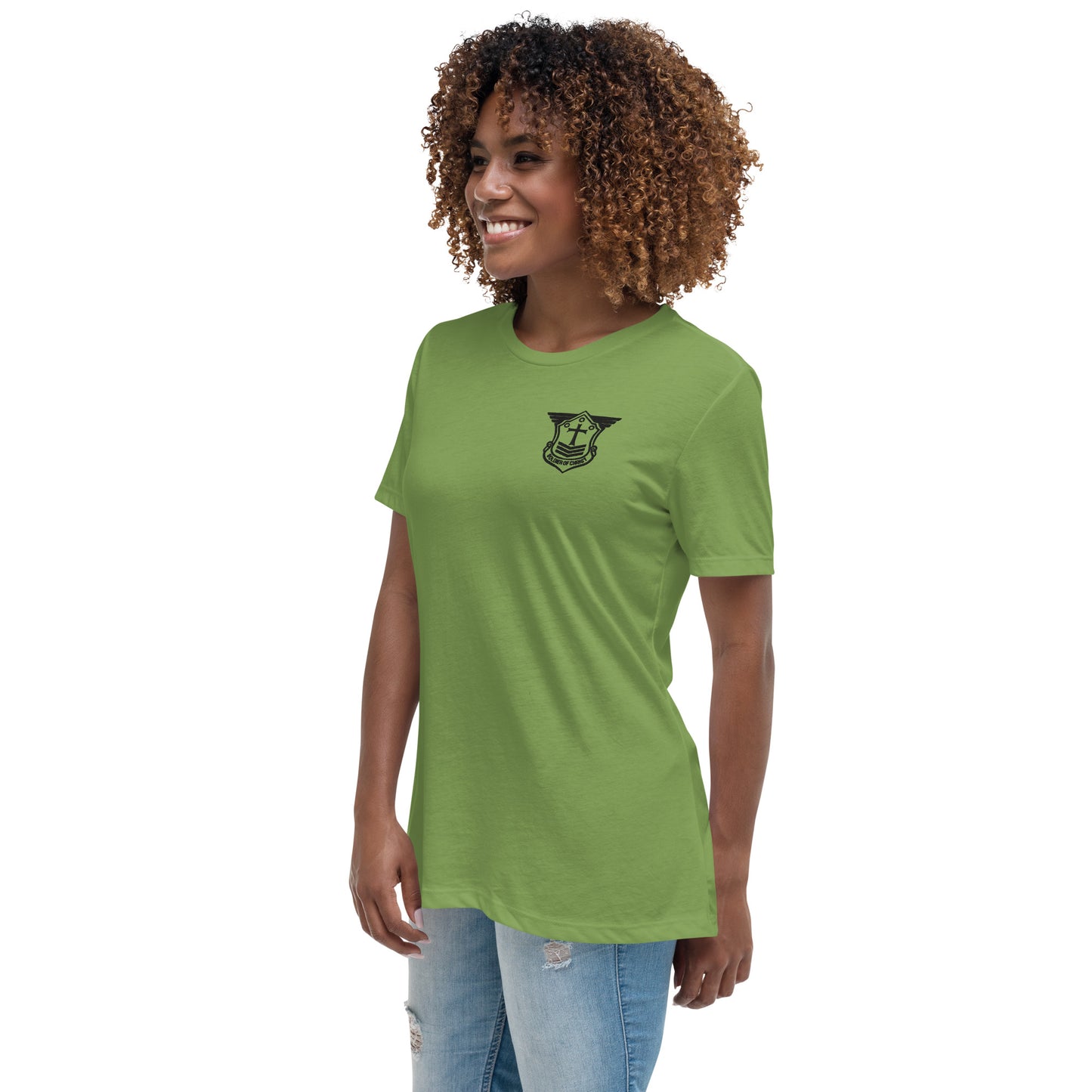 Women's Relaxed T-Shirt with Black Embroidered Soldier of Christ Emblem