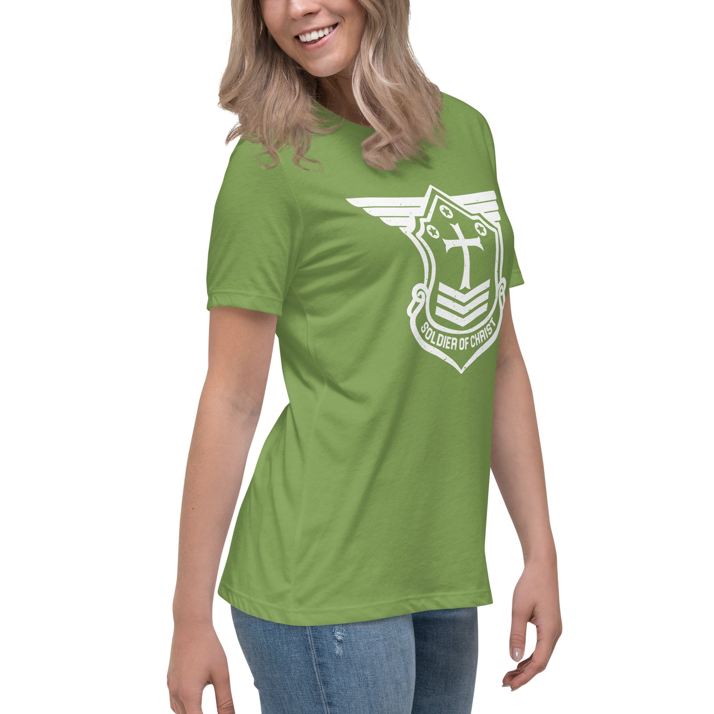 Women's Relaxed T-Shirt with White Soldier of Christ Emblem Front