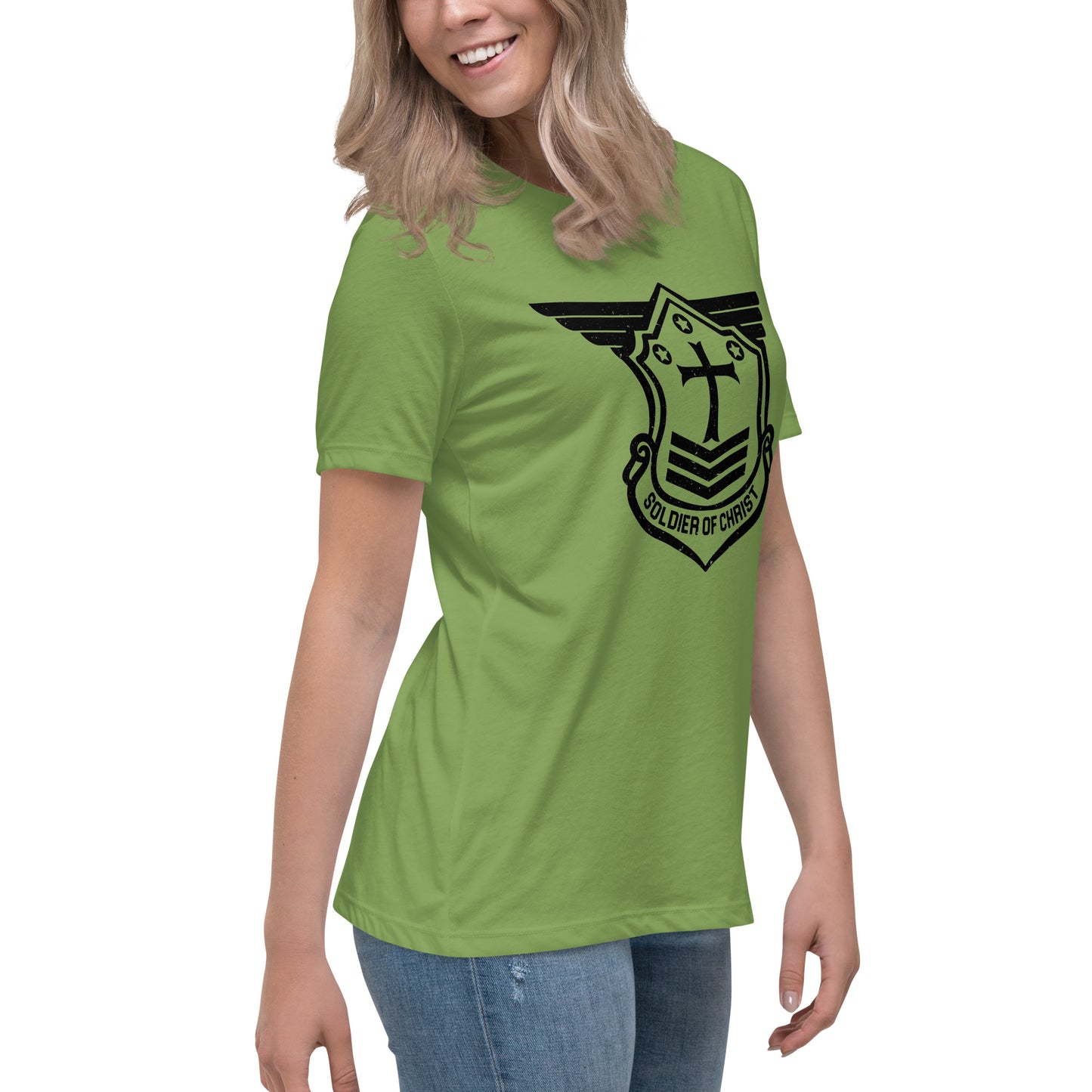 Women's Relaxed T-Shirt with Black Soldier of Christ Emblem Front