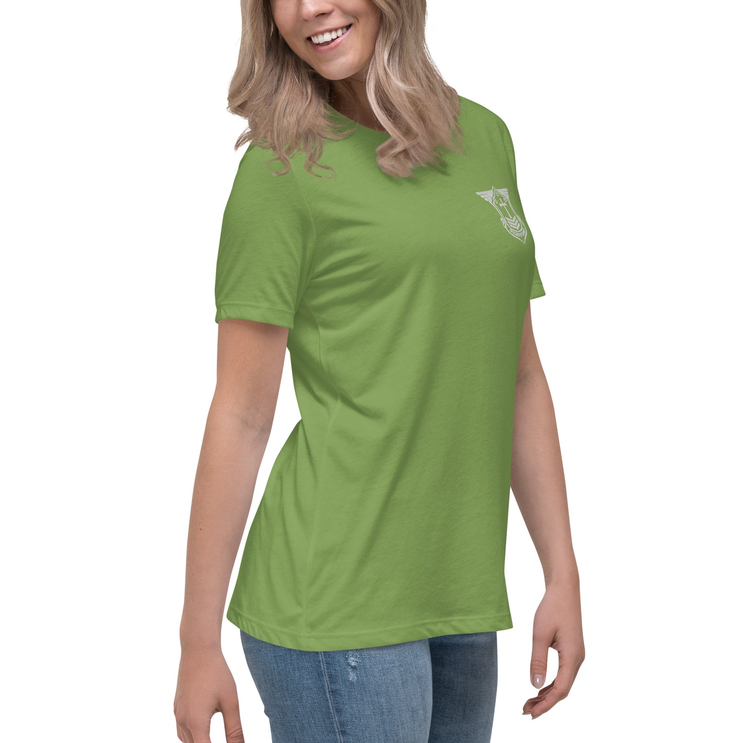 Women's Relaxed T-Shirt with White Embroidered Soldier of Christ Emblem