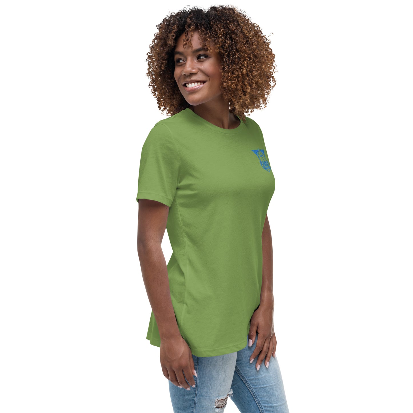 Women's Relaxed T-Shirt with Aqua Teal Embroidered Soldier of Christ Emblem