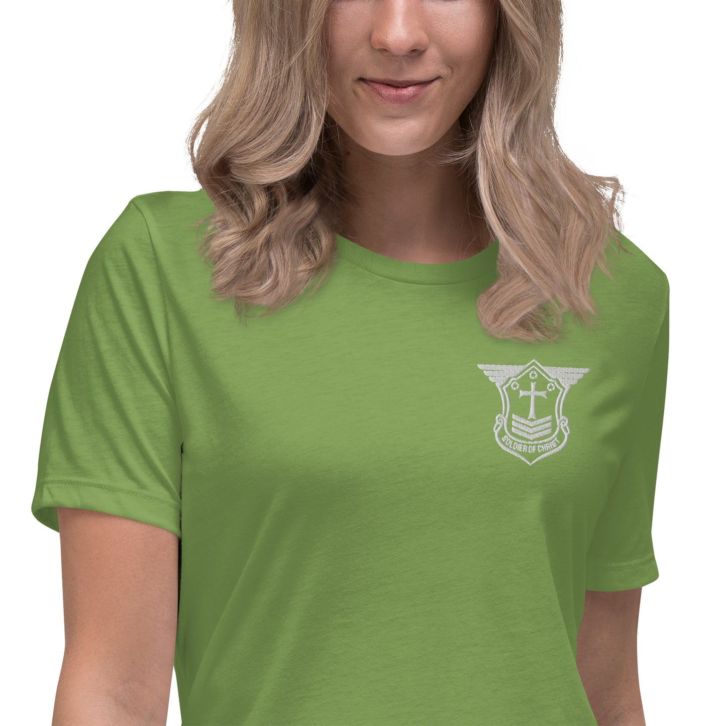 Women's Relaxed T-Shirt with White Embroidered Soldier of Christ Emblem