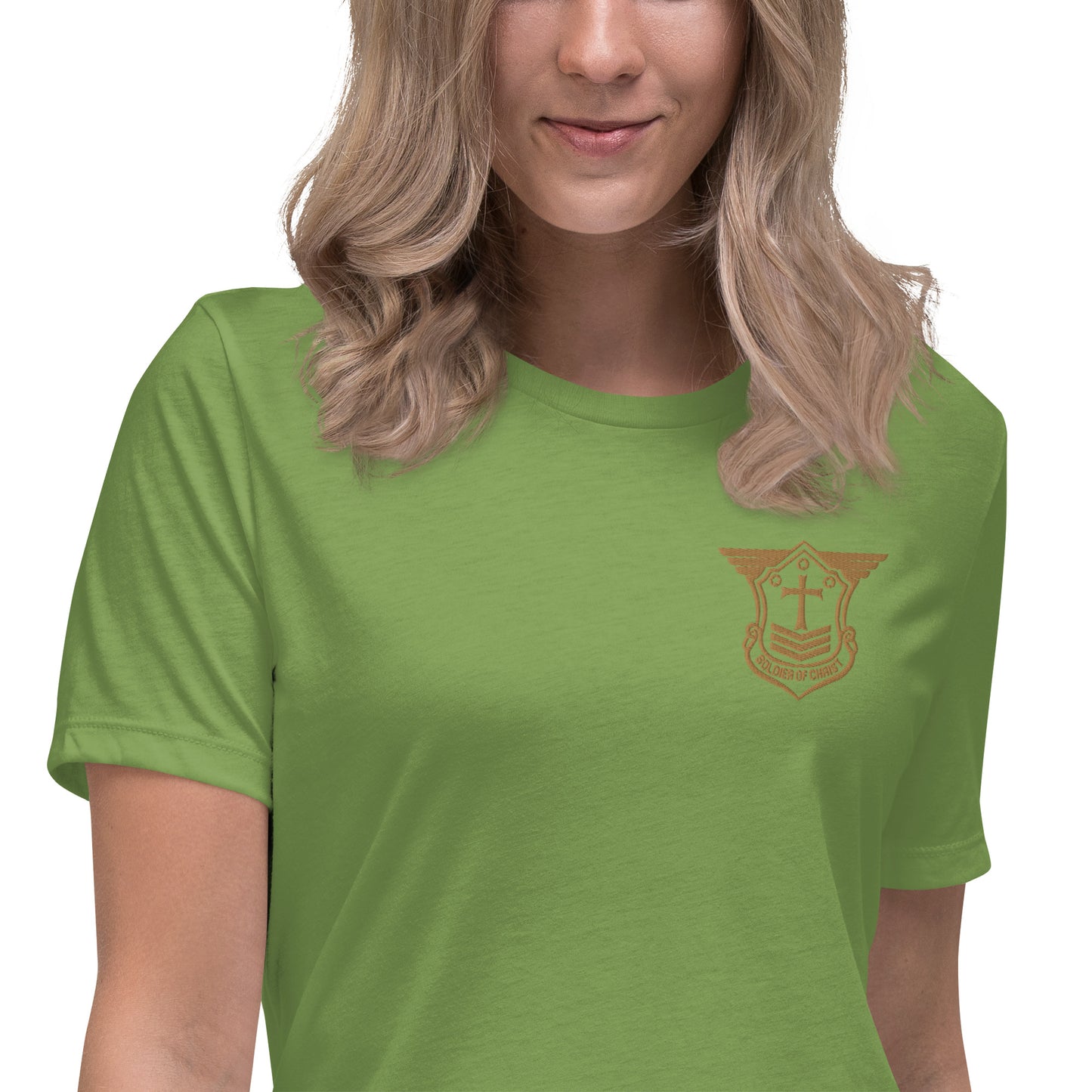 Women's Relaxed T-Shirt with Old Gold Embroidered Soldier of Christ Emblem