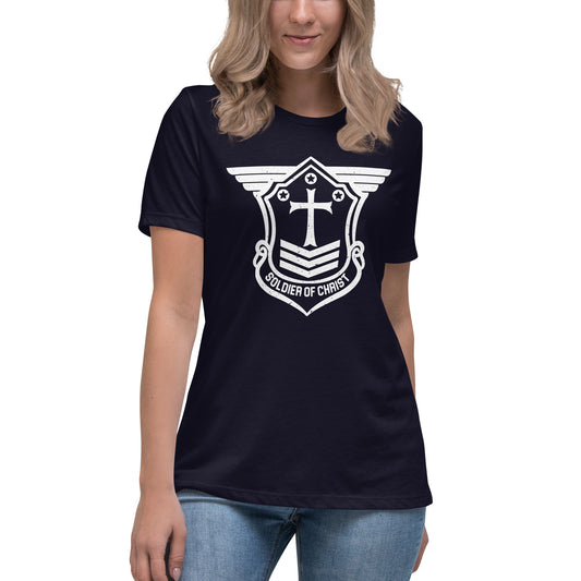 Women's Relaxed T-Shirt with White Soldier of Christ Emblem Front