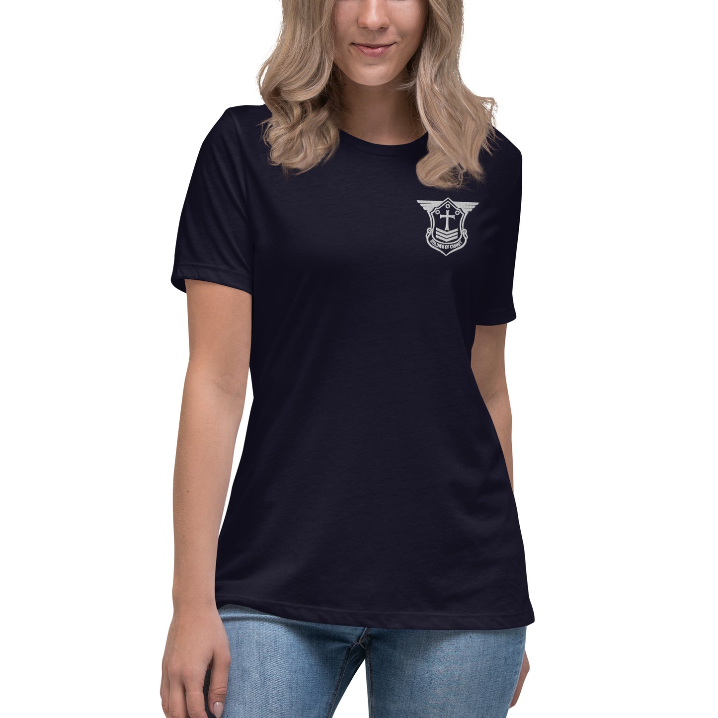 Women's Relaxed T-Shirt with White Embroidered Soldier of Christ Emblem