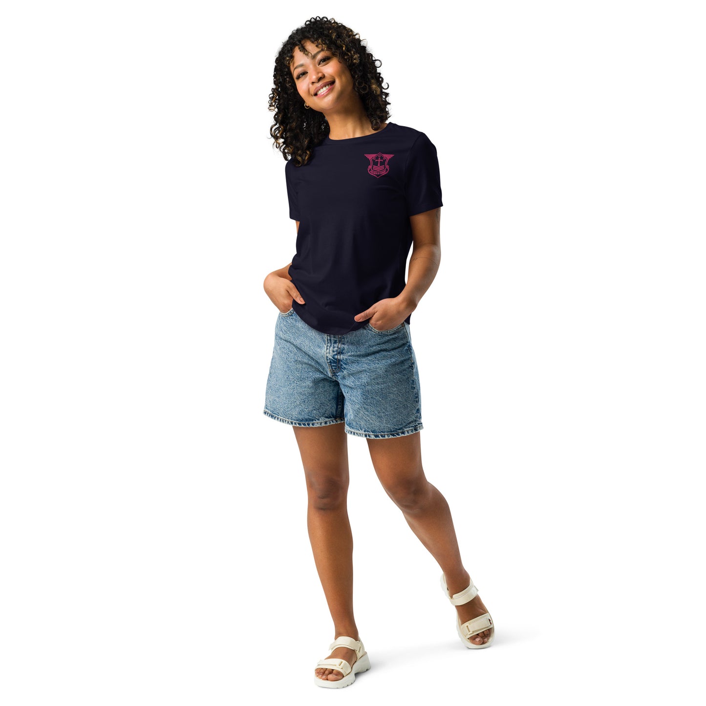 Women's Relaxed T-Shirt with Flamingo Embroidered Soldier of Christ Emblem