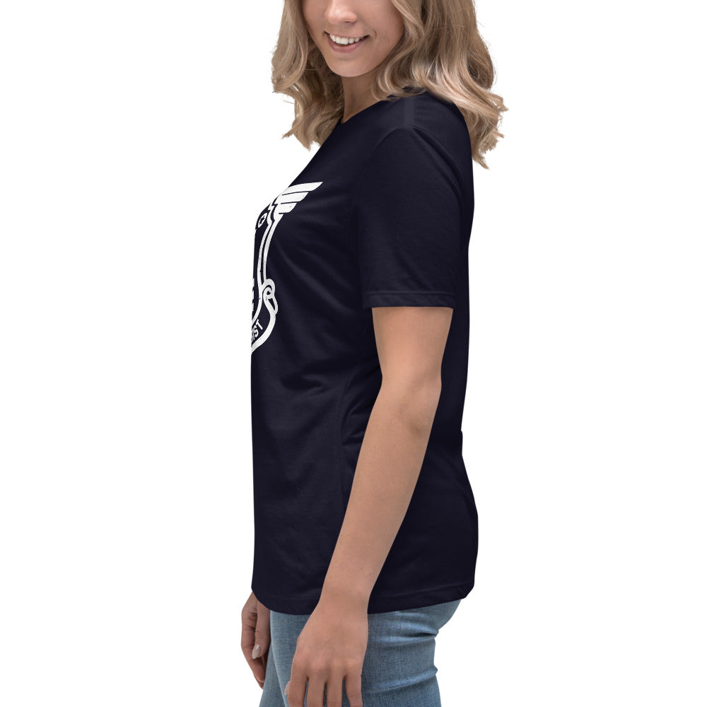 Women's Relaxed T-Shirt with White Soldier of Christ Emblem Front