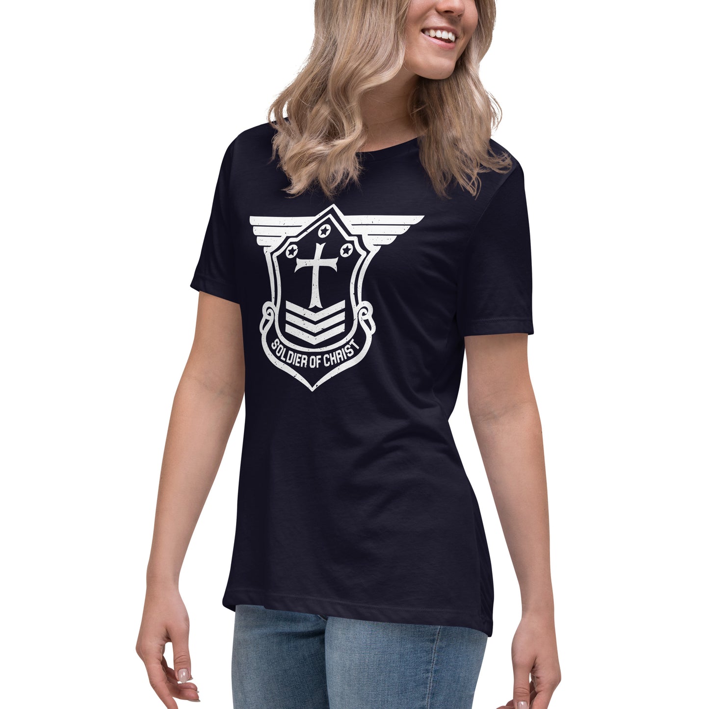 Women's Relaxed T-Shirt with White Soldier of Christ Emblem Front