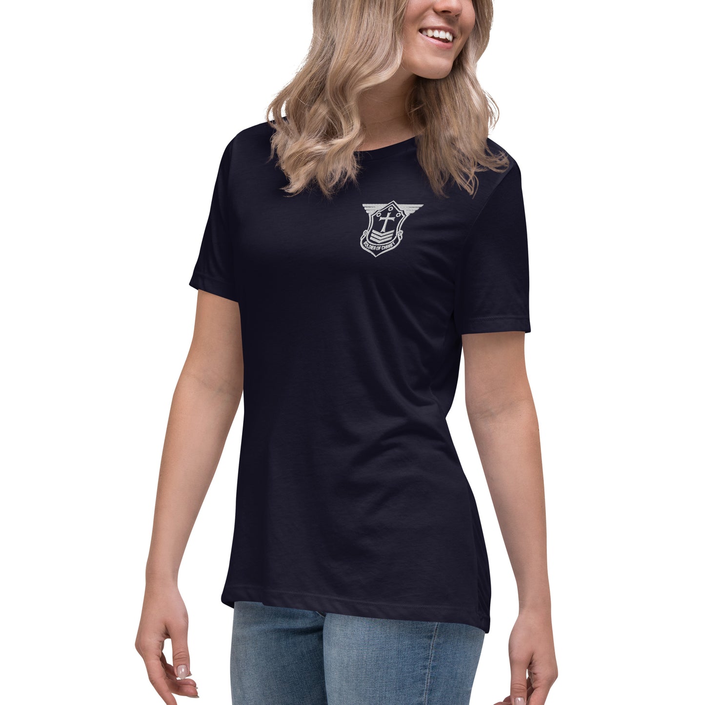 Women's Relaxed T-Shirt with White Embroidered Soldier of Christ Emblem