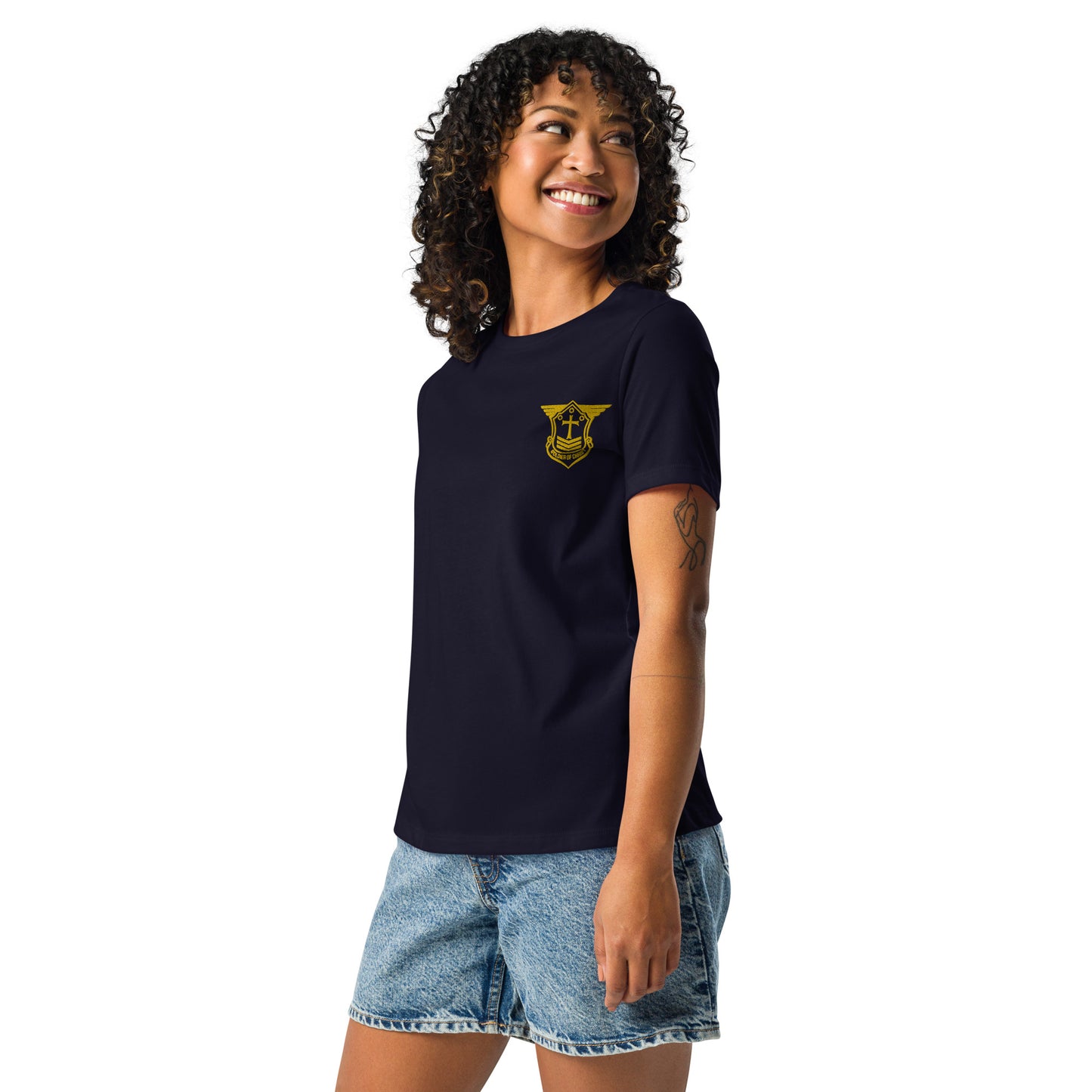 Women's Relaxed T-Shirt with Gold Embroidered Soldier of Christ Emblem