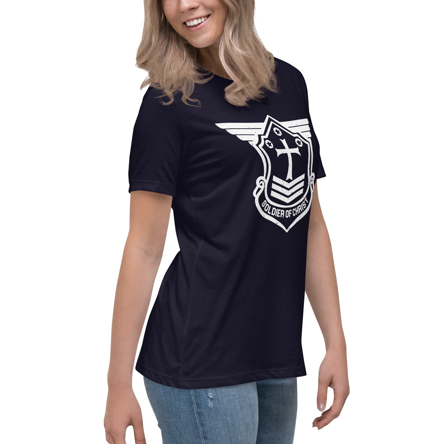 Women's Relaxed T-Shirt with White Soldier of Christ Emblem Front