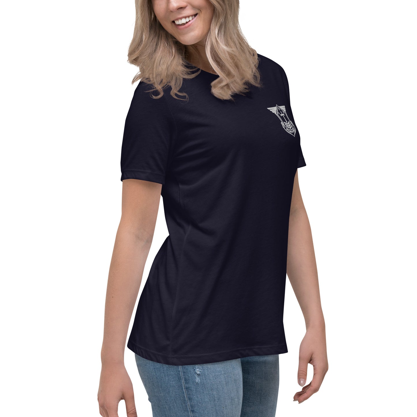 Women's Relaxed T-Shirt with White Embroidered Soldier of Christ Emblem