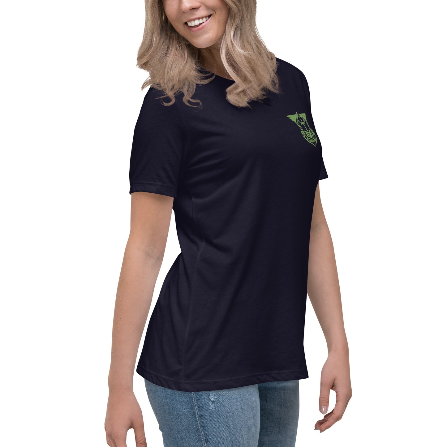 Women's Relaxed T-Shirt with Kiwi Green Embroidered Soldier of Christ Emblem