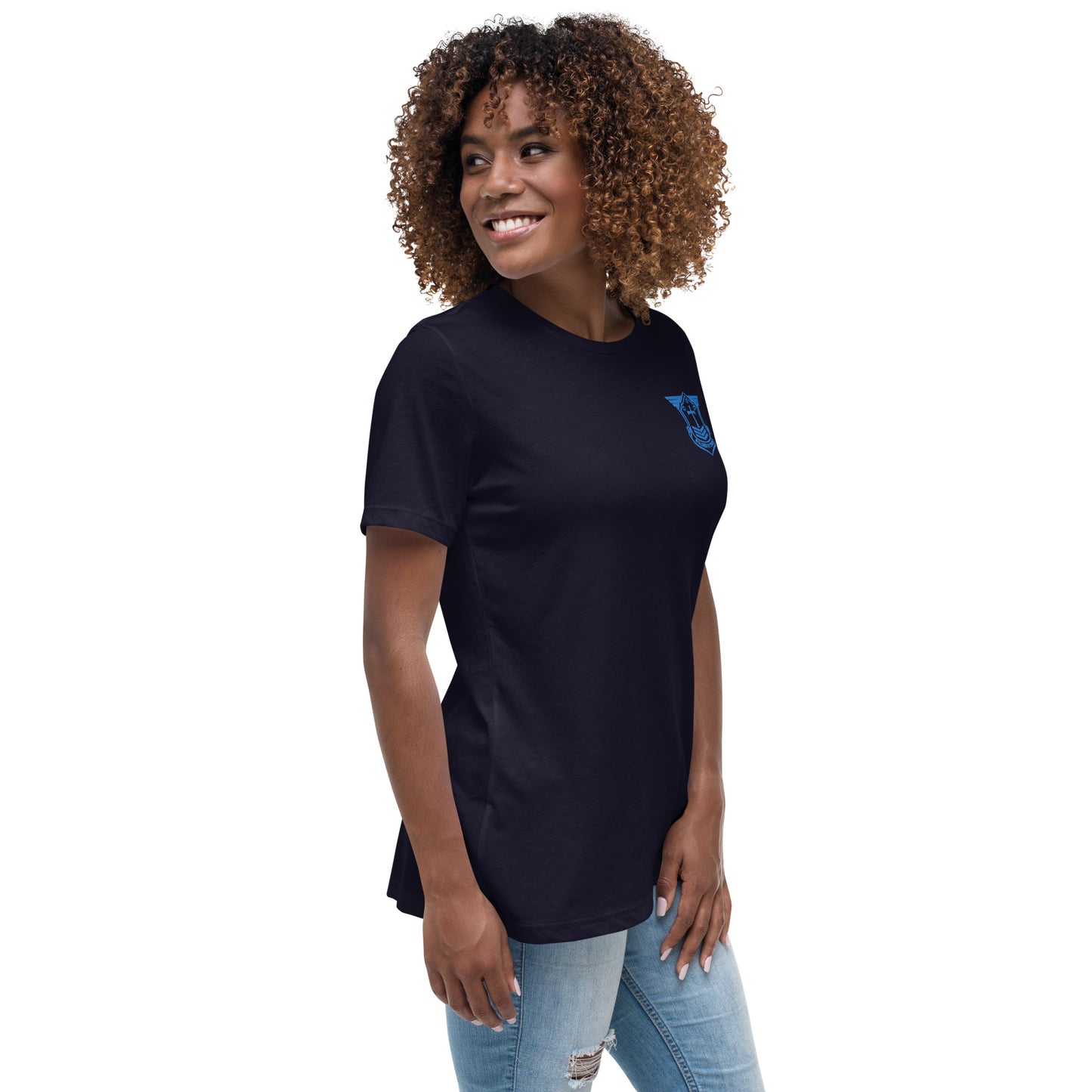 Women's Relaxed T-Shirt with Aqua Teal Embroidered Soldier of Christ Emblem