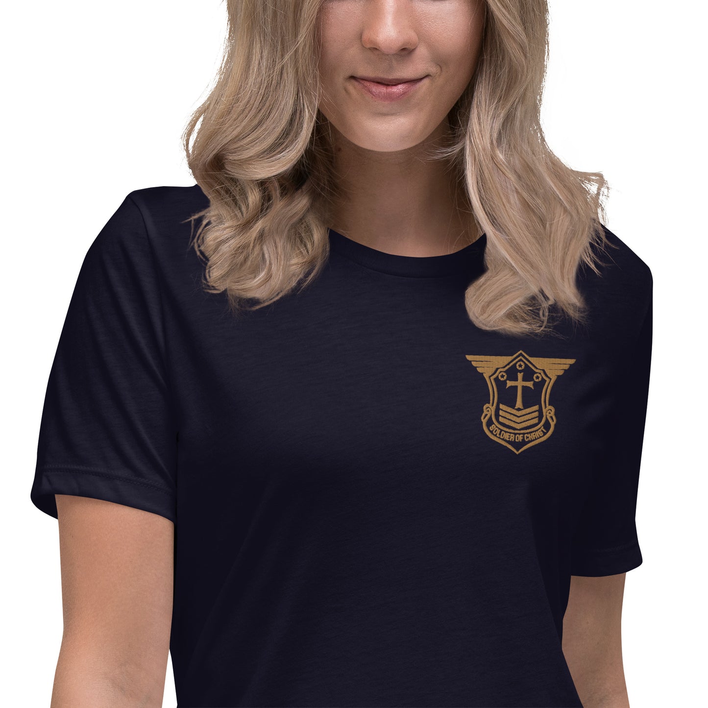 Women's Relaxed T-Shirt with Old Gold Embroidered Soldier of Christ Emblem