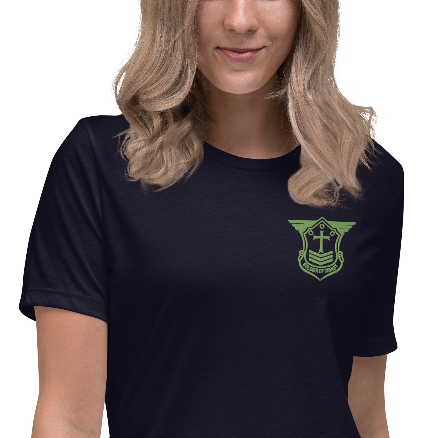 Women's Relaxed T-Shirt with Kiwi Green Embroidered Soldier of Christ Emblem