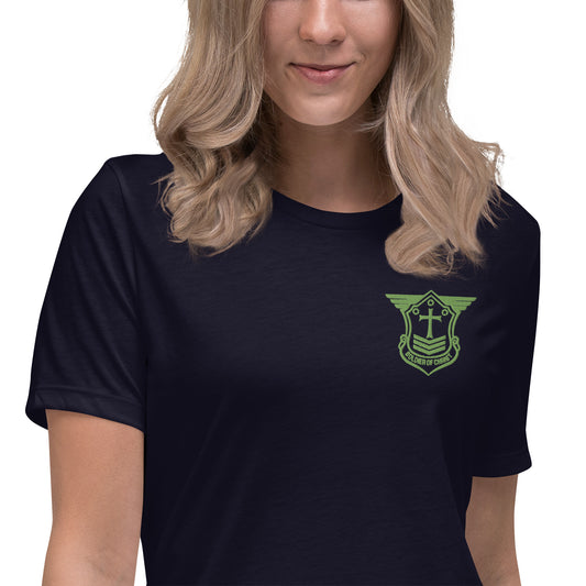 Women's Relaxed T-Shirt with Kiwi Green Embroidered Soldier of Christ Emblem