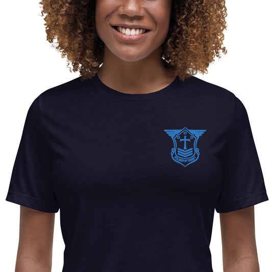 Women's Relaxed T-Shirt with Aqua Teal Embroidered Soldier of Christ Emblem