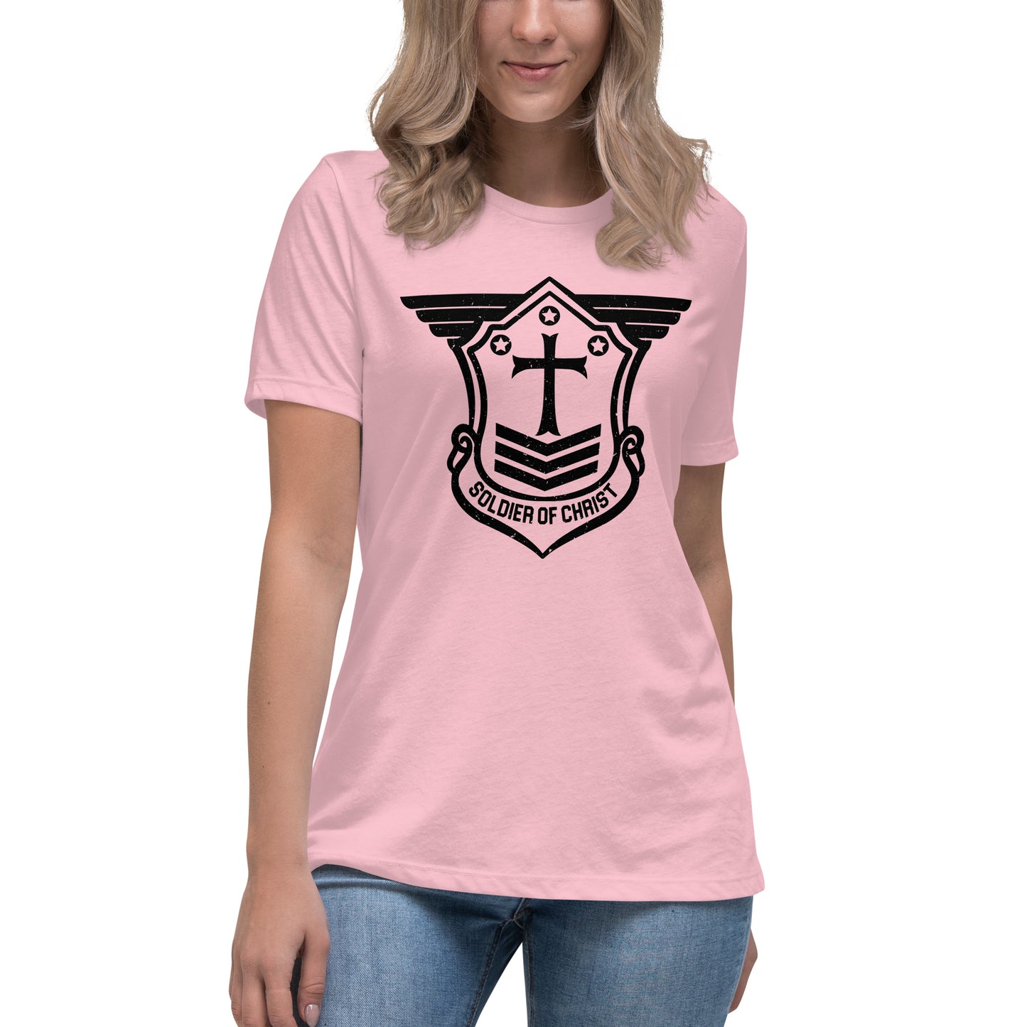 Women's Relaxed T-Shirt with Black Soldier of Christ Emblem Front