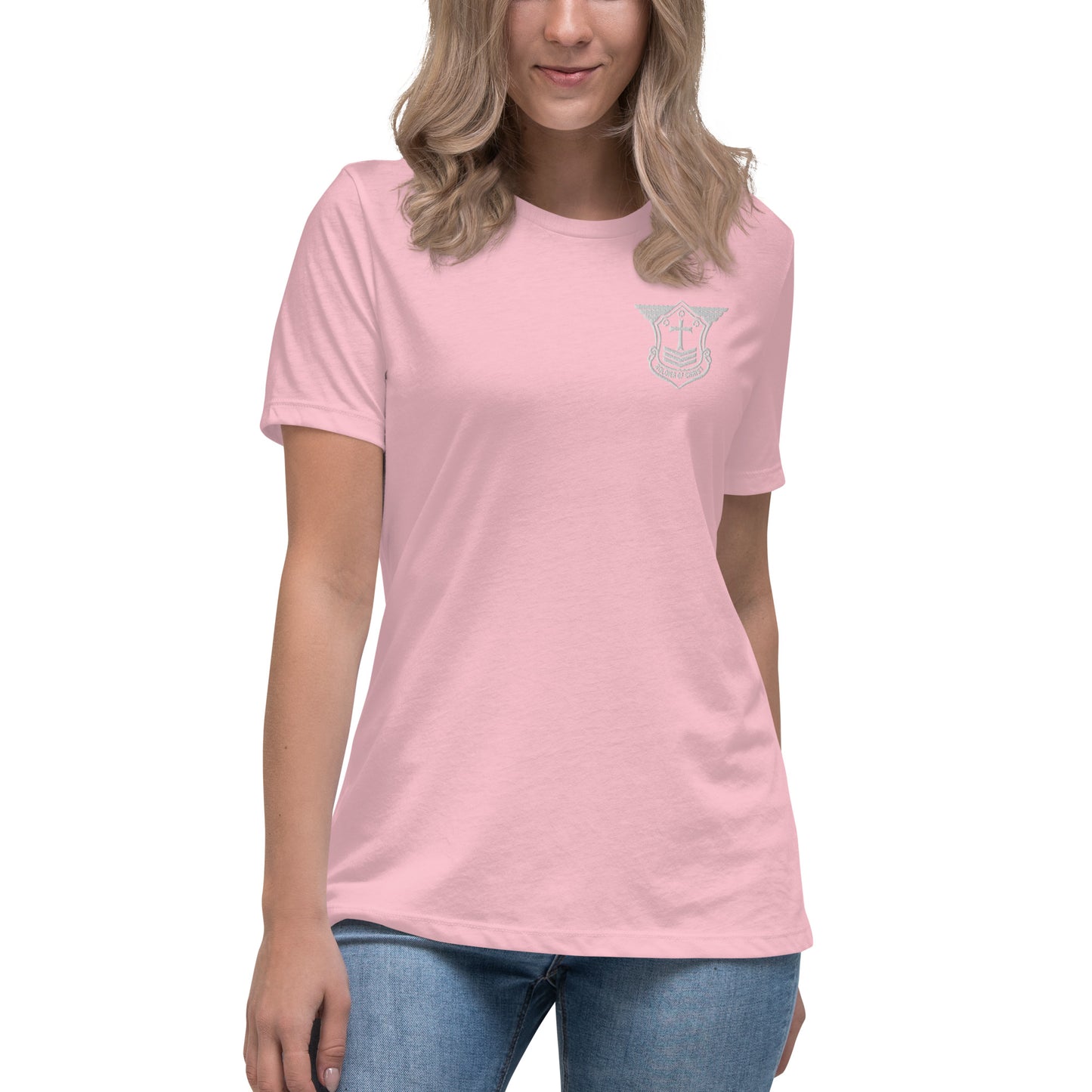 Women's Relaxed T-Shirt with White Embroidered Soldier of Christ Emblem