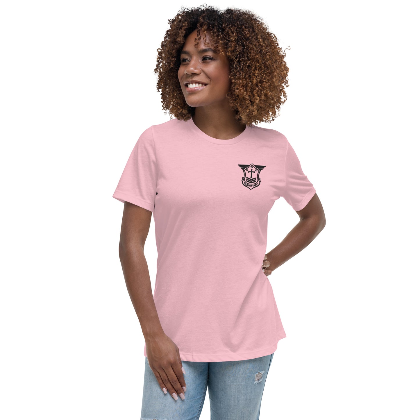 Women's Relaxed T-Shirt with Black Embroidered Soldier of Christ Emblem