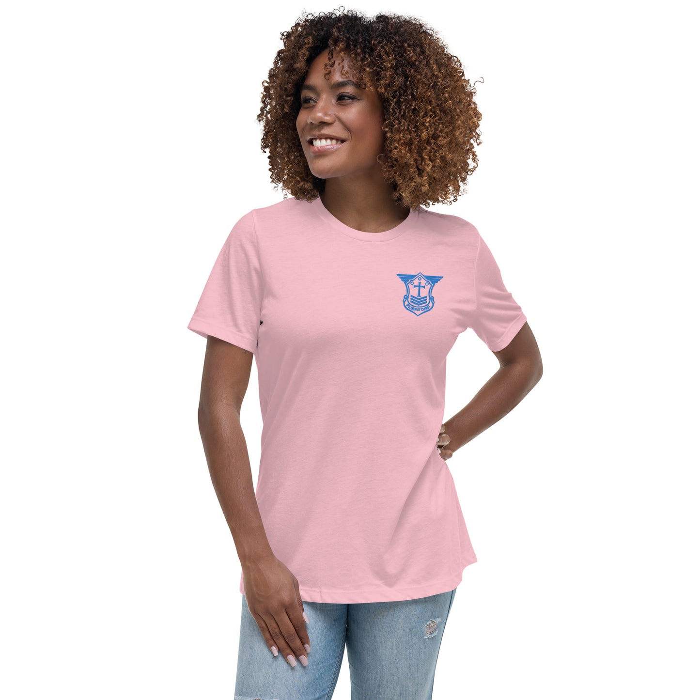 Women's Relaxed T-Shirt with Aqua Teal Embroidered Soldier of Christ Emblem