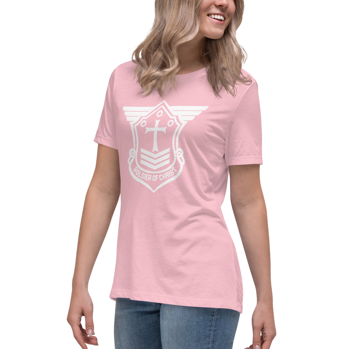 Women's Relaxed T-Shirt with White Soldier of Christ Emblem Front