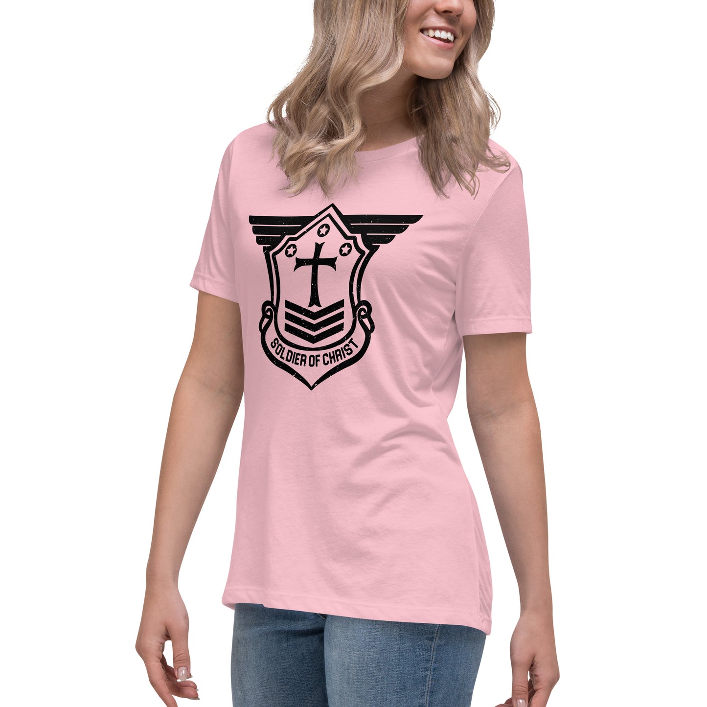 Women's Relaxed T-Shirt with Black Soldier of Christ Emblem Front