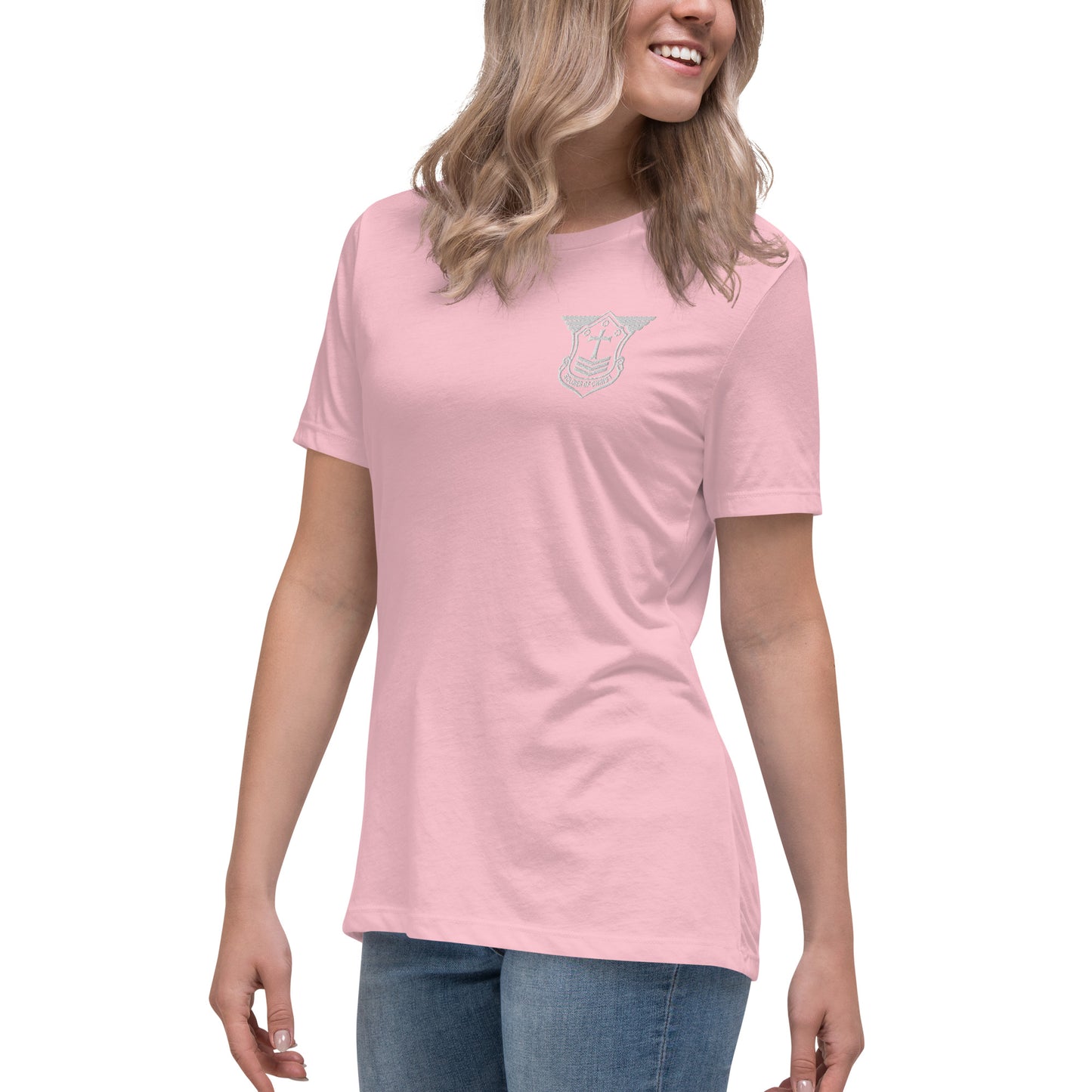 Women's Relaxed T-Shirt with White Embroidered Soldier of Christ Emblem