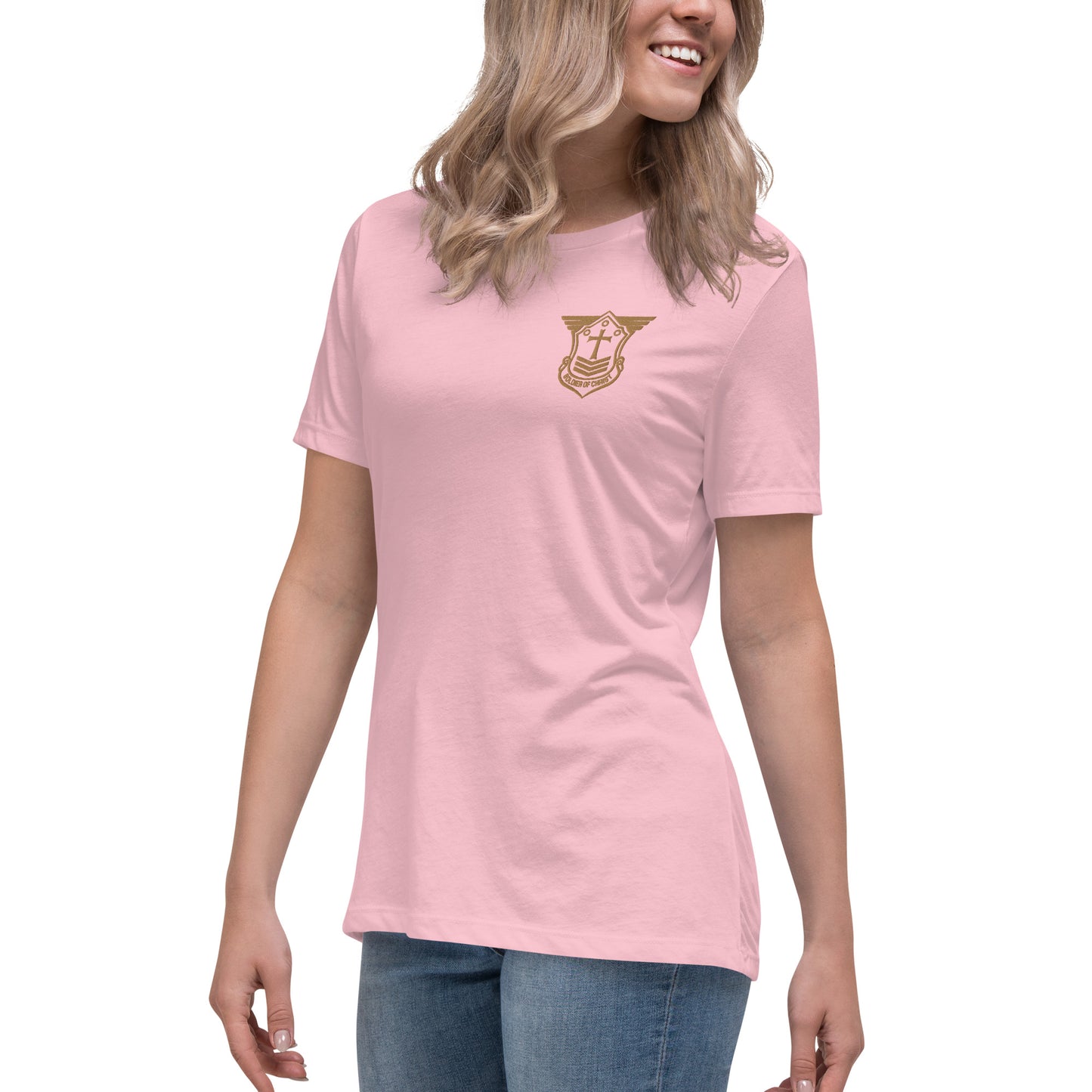 Women's Relaxed T-Shirt with Old Gold Embroidered Soldier of Christ Emblem