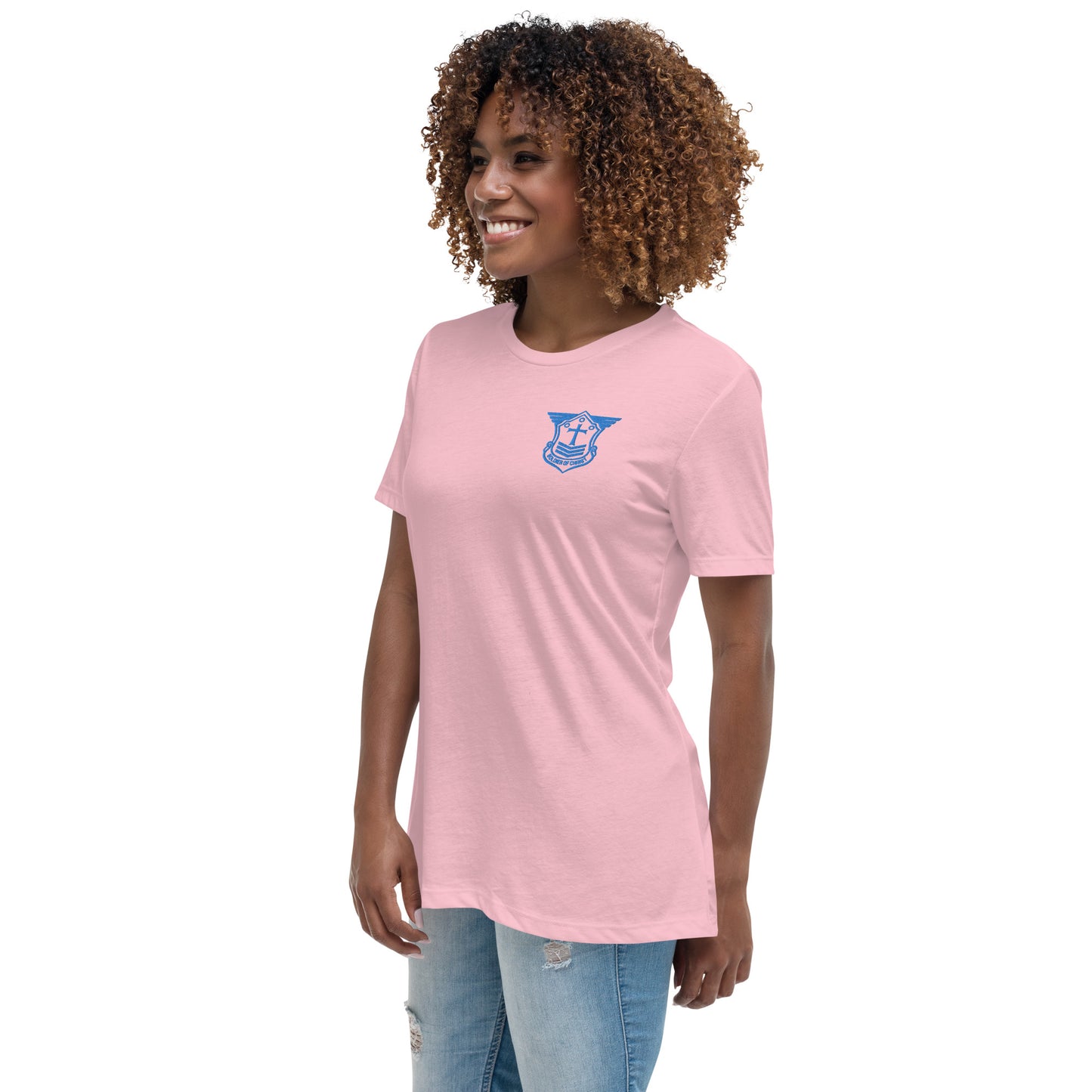 Women's Relaxed T-Shirt with Aqua Teal Embroidered Soldier of Christ Emblem