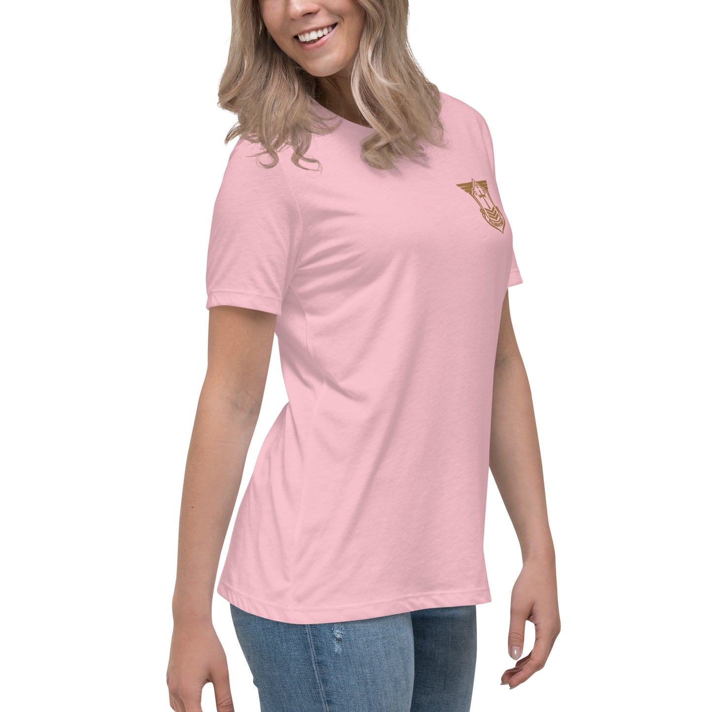 Women's Relaxed T-Shirt with Old Gold Embroidered Soldier of Christ Emblem