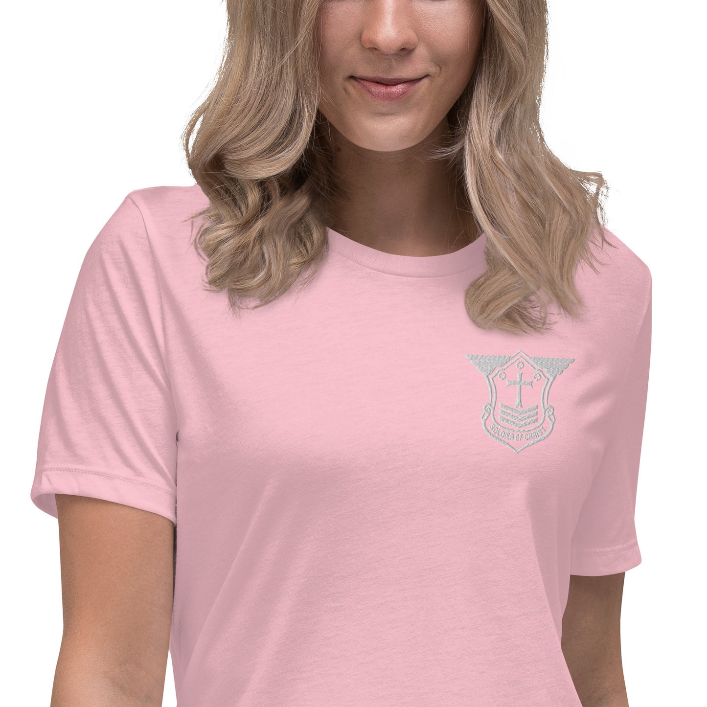 Women's Relaxed T-Shirt with White Embroidered Soldier of Christ Emblem