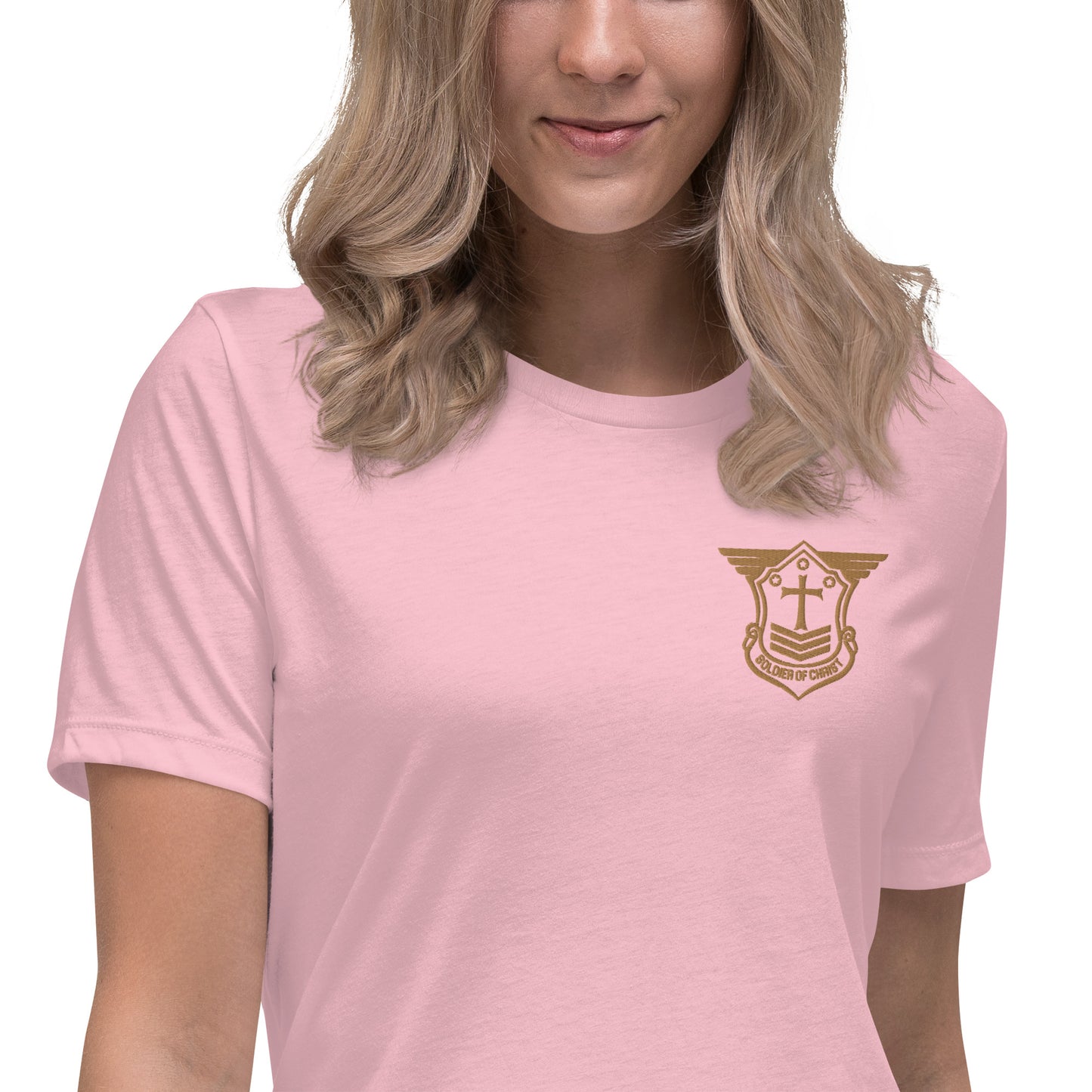 Women's Relaxed T-Shirt with Old Gold Embroidered Soldier of Christ Emblem