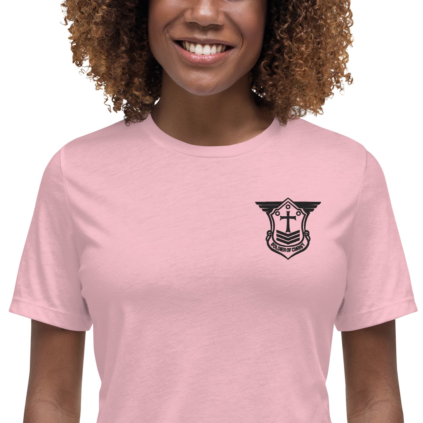 Women's Relaxed T-Shirt with Black Embroidered Soldier of Christ Emblem