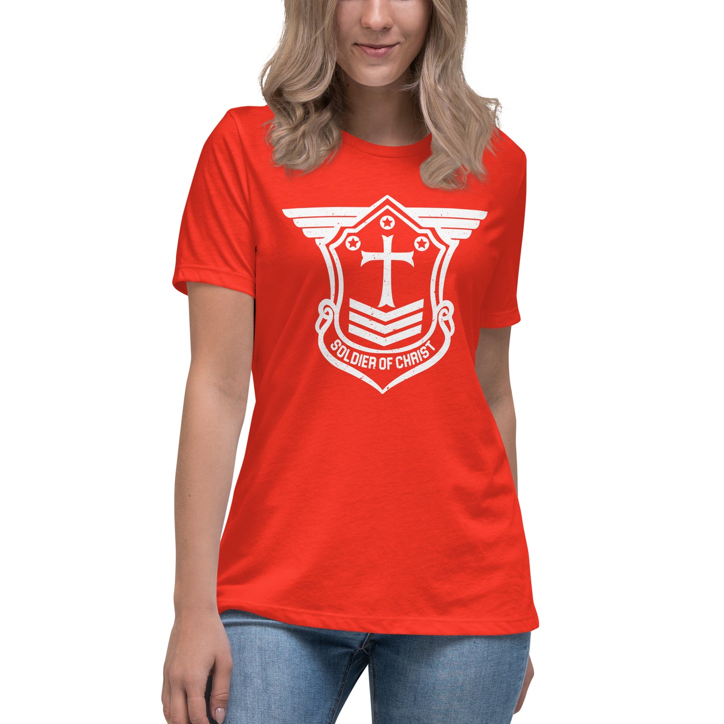 Women's Relaxed T-Shirt with White Soldier of Christ Emblem Front