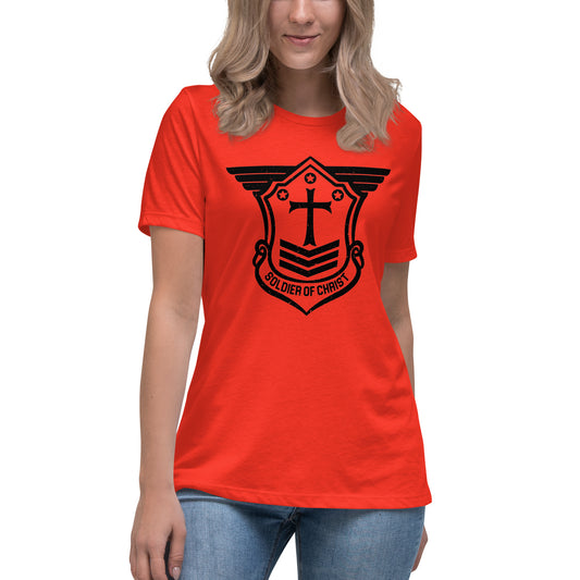 Women's Relaxed T-Shirt with Black Soldier of Christ Emblem Front