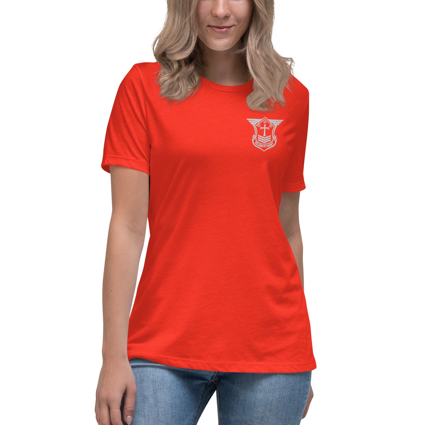 Women's Relaxed T-Shirt with White Embroidered Soldier of Christ Emblem