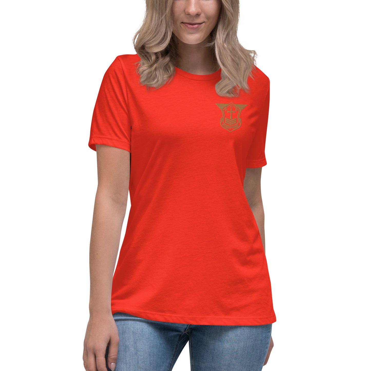 Women's Relaxed T-Shirt with Old Gold Embroidered Soldier of Christ Emblem