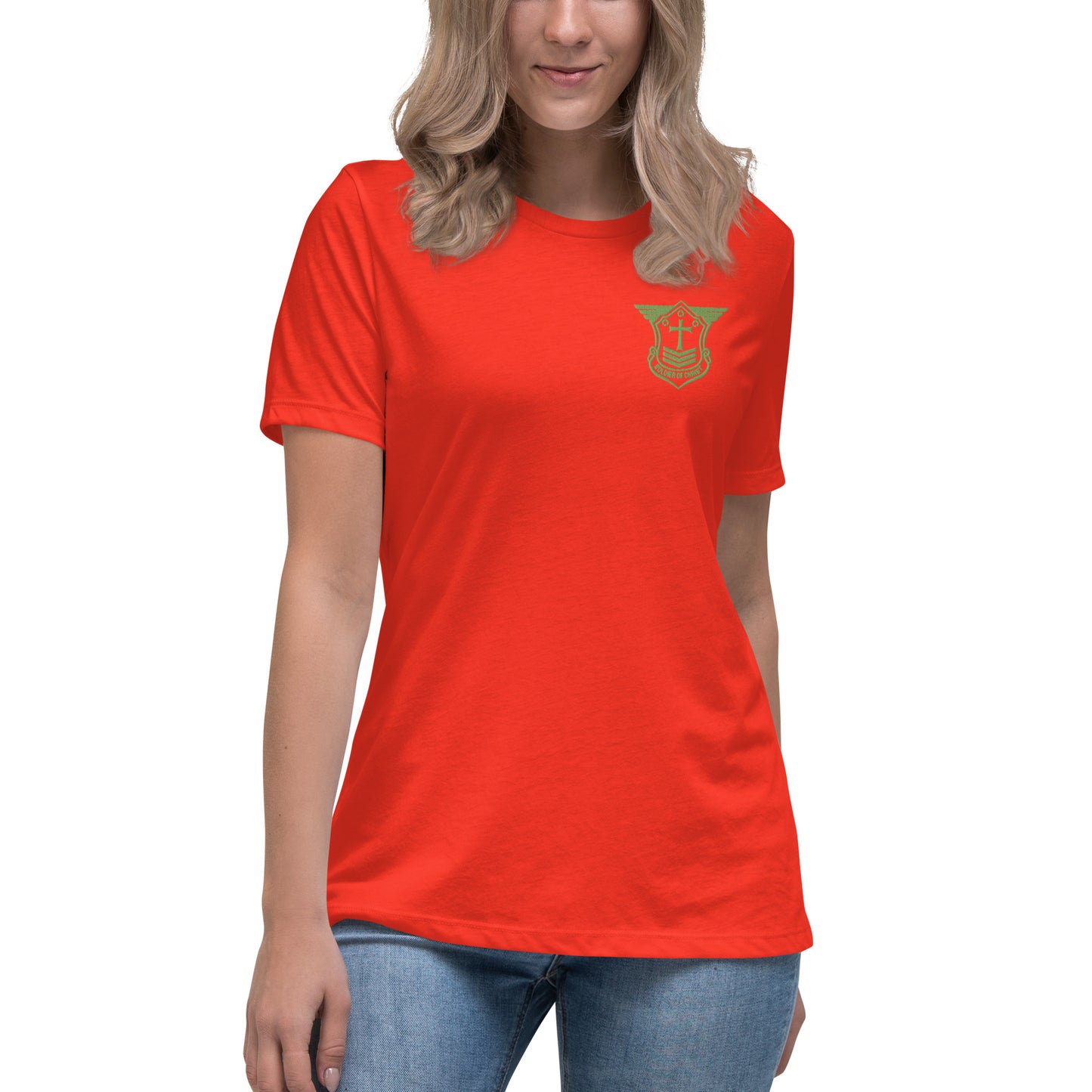 Women's Relaxed T-Shirt with Kiwi Green Embroidered Soldier of Christ Emblem