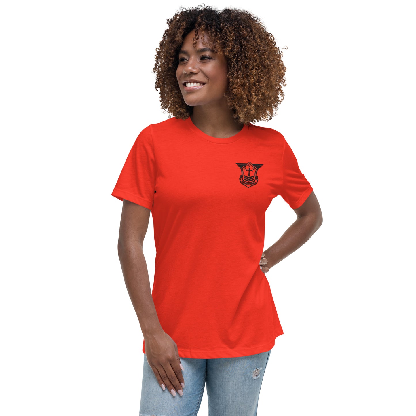 Women's Relaxed T-Shirt with Black Embroidered Soldier of Christ Emblem