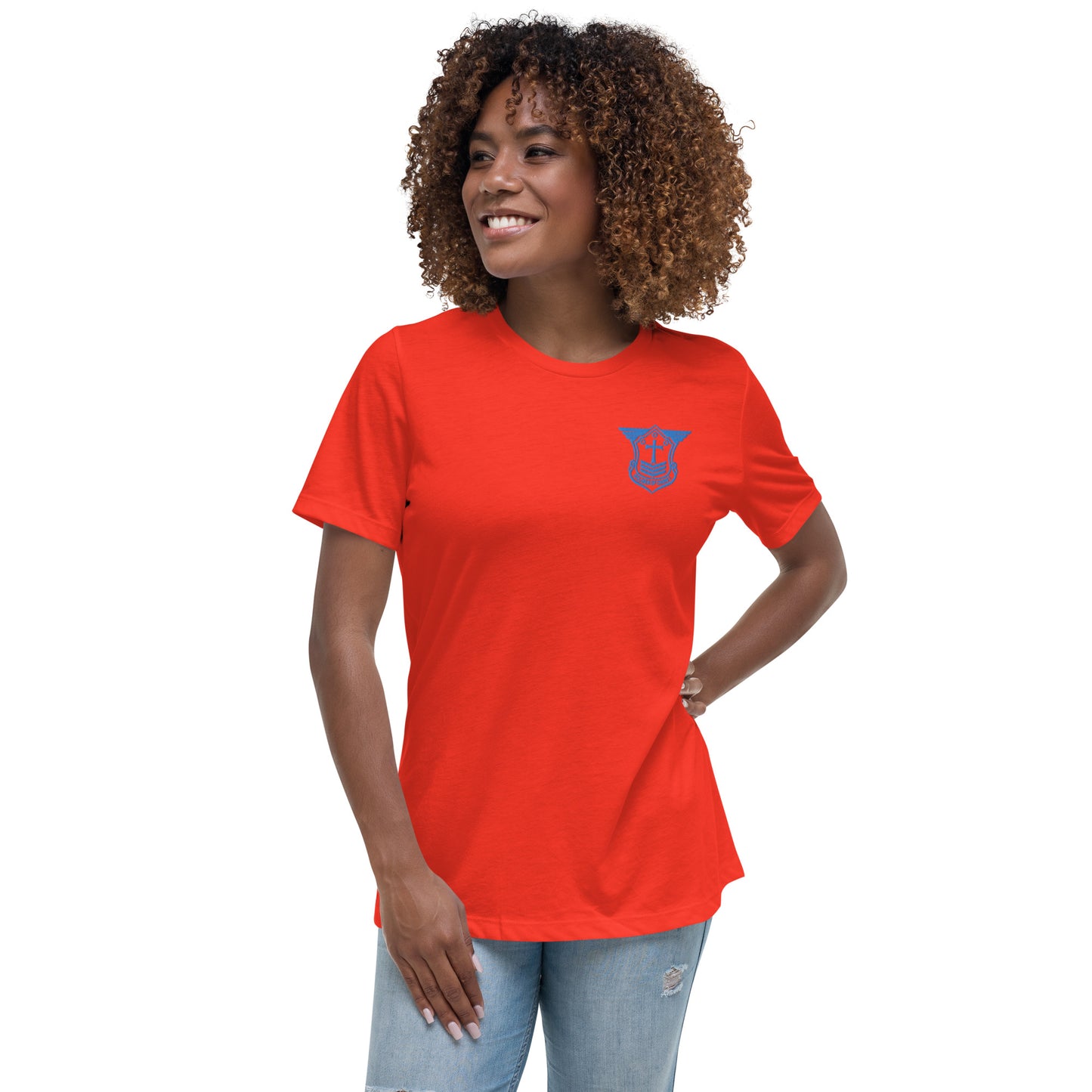 Women's Relaxed T-Shirt with Aqua Teal Embroidered Soldier of Christ Emblem