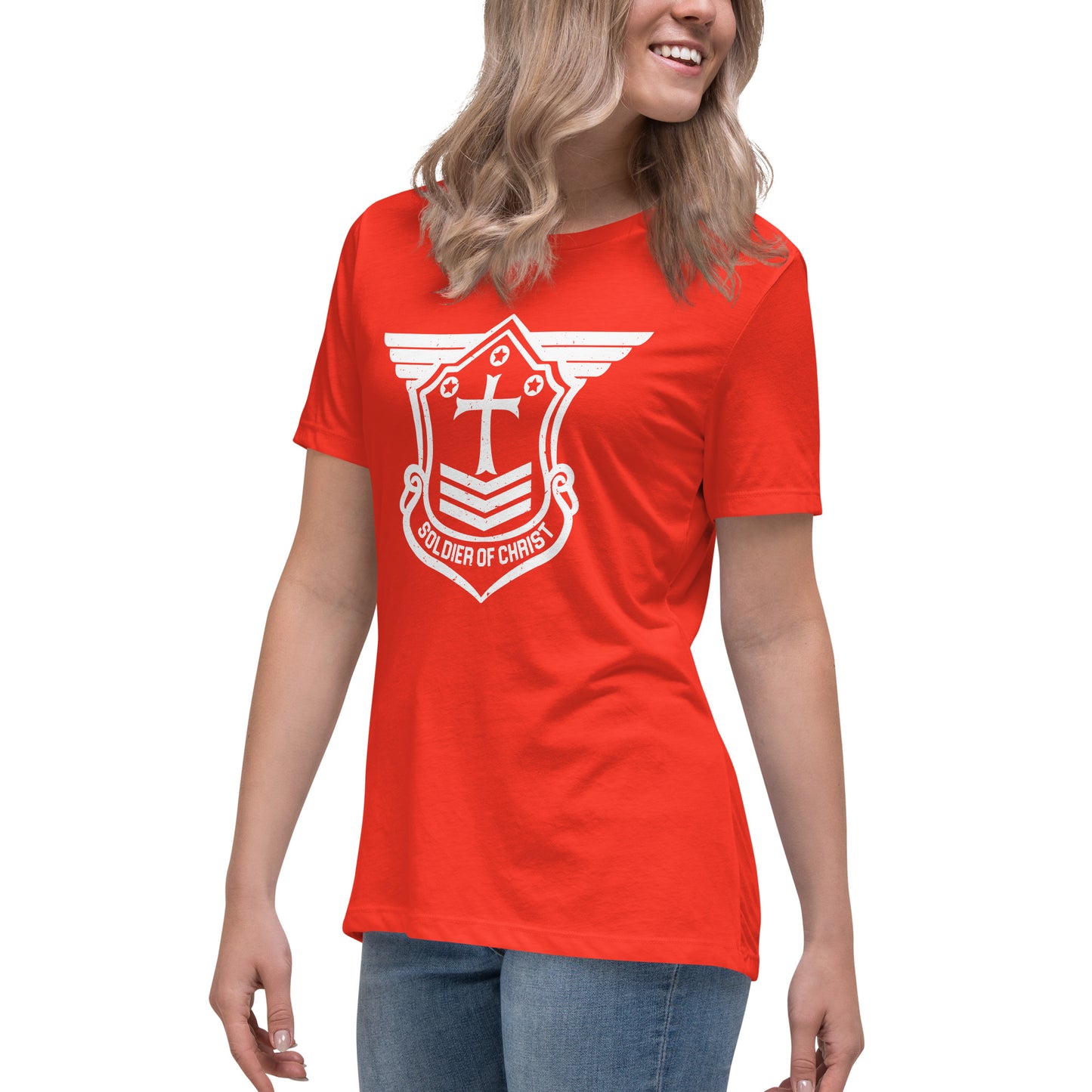 Women's Relaxed T-Shirt with White Soldier of Christ Emblem Front