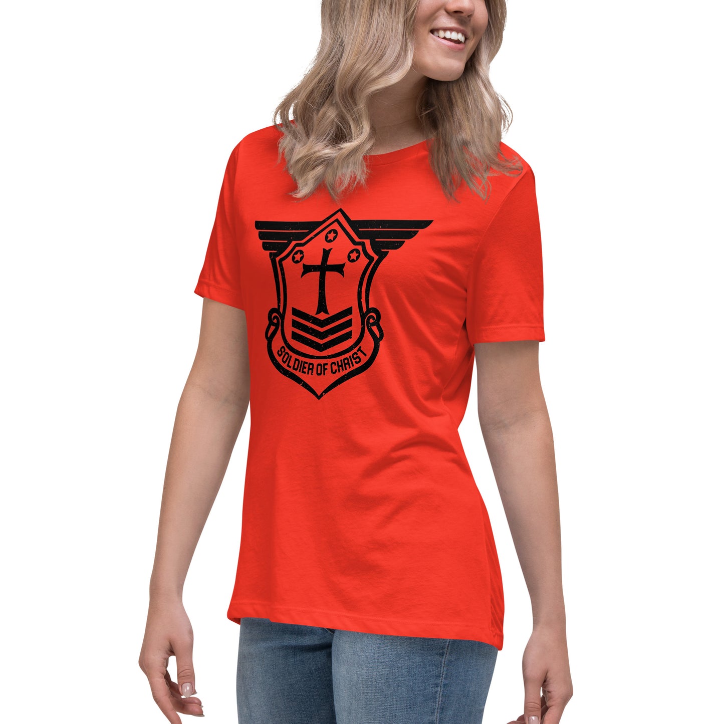 Women's Relaxed T-Shirt with Black Soldier of Christ Emblem Front