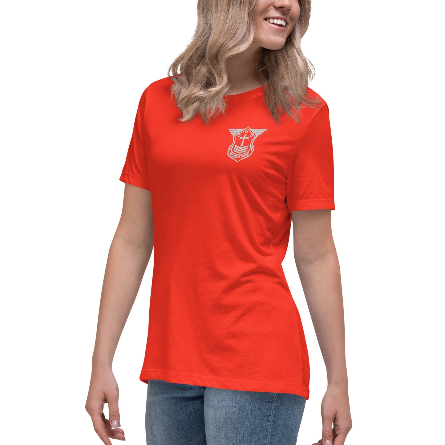 Women's Relaxed T-Shirt with White Embroidered Soldier of Christ Emblem