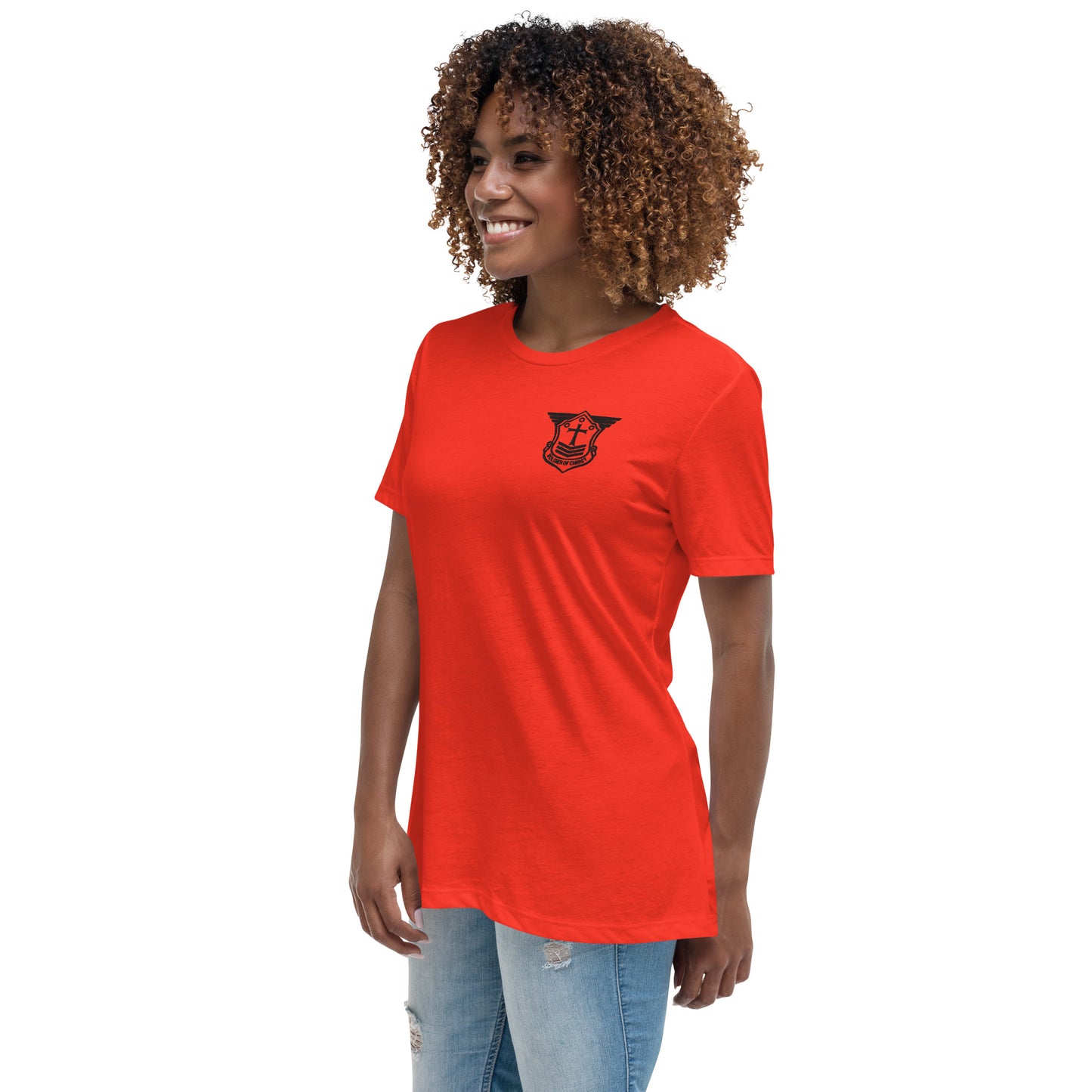 Women's Relaxed T-Shirt with Black Embroidered Soldier of Christ Emblem