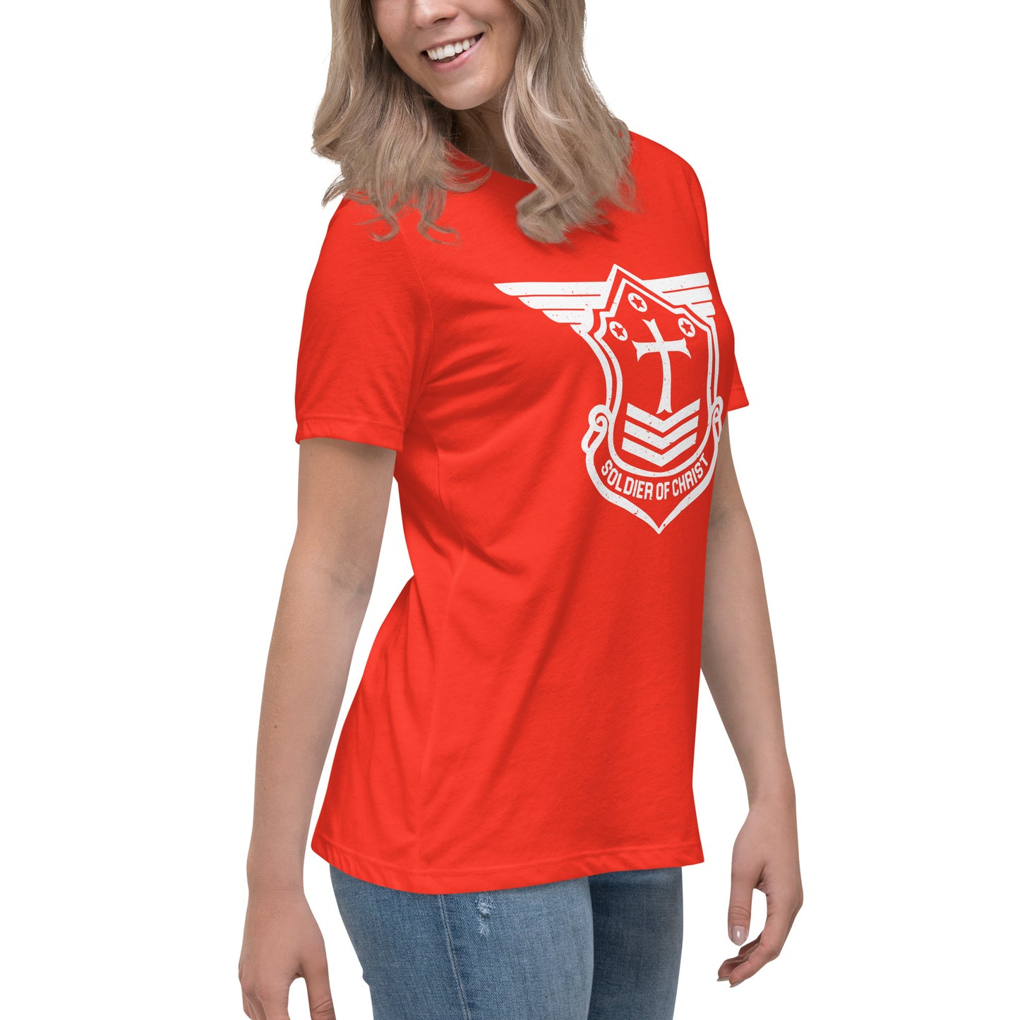 Women's Relaxed T-Shirt with White Soldier of Christ Emblem Front